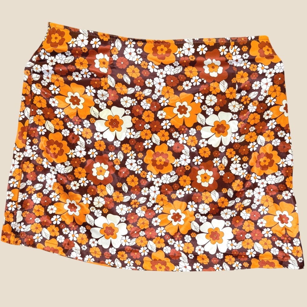 RedBerry Mini Skirt Women L Orange Retro 70s Floral Print Satin Feel Side Zip